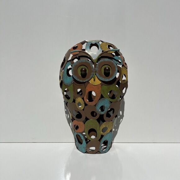 Earth Tone Metal Welded Circle Owl Figurine - Picture 1 of 8
